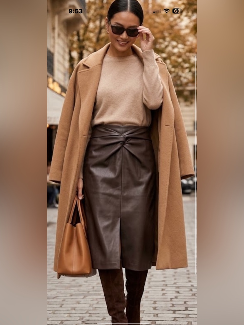 Elie Tahari Dark Brown Faux Leather Twist-Front Pencil Skirt